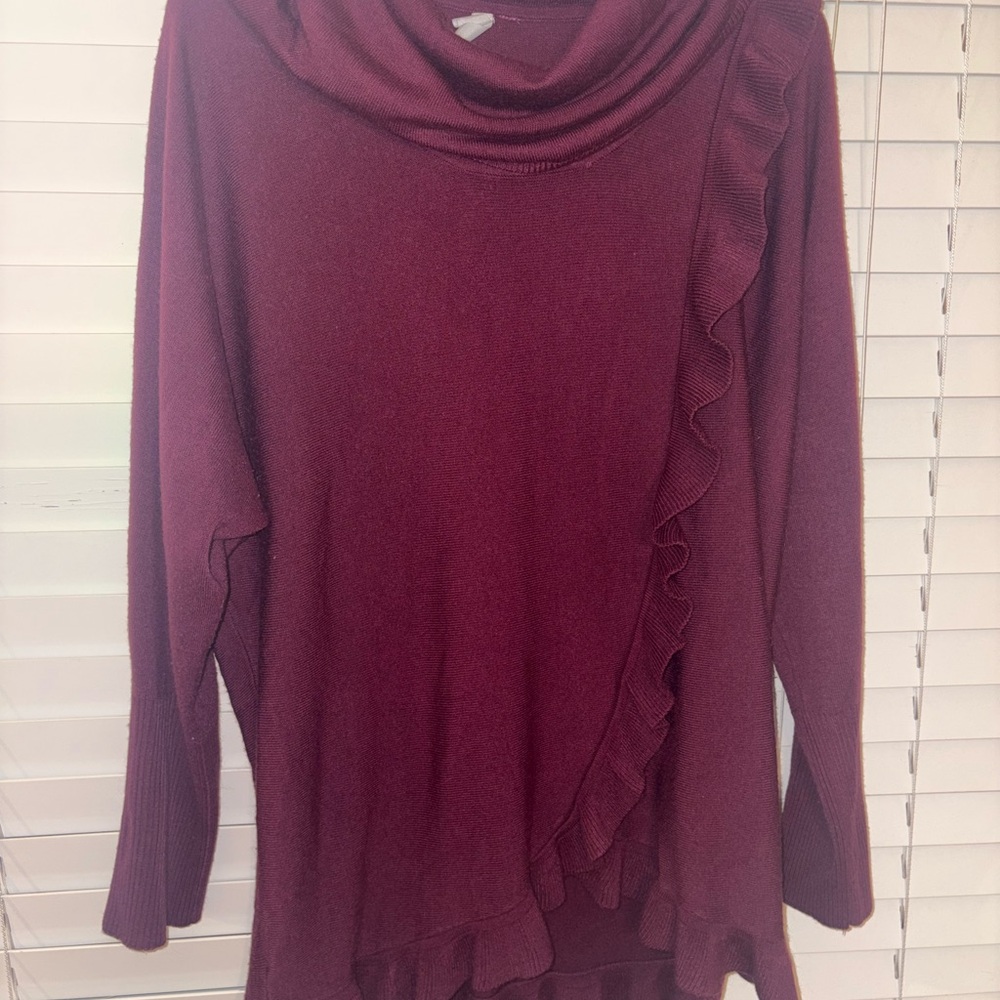 NY Collection Burgundy Cowl Neck Sweater with Ruffle
